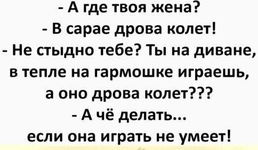 А где твоя жена В сарае дрова колет Не стыдно тебе Ты на диване в тепле на гармошке играешь а оно дрова колет А чё делать если она играть не умеет