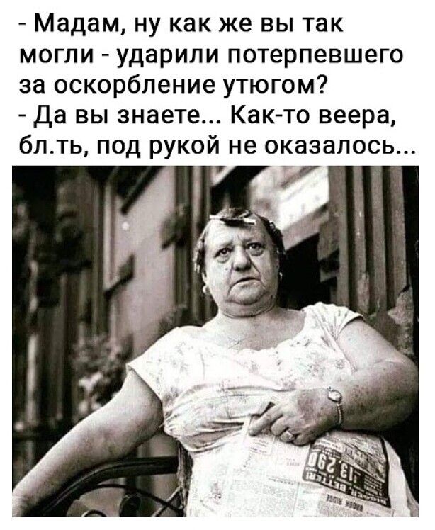 Мадам ну как же вы так могли ударили потерпевшего за оскорбление утюгом Да вы знаете Както веера блть под рукой не оказалось