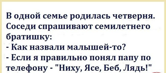 В одной семье родилась четверня Соседи спрашивают семилетнего братишку Как назвали малышей то Если я правильно понял папу по телефону Ниху Ясе Беб Лядь