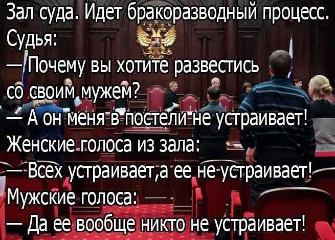 Зал суда Идет брёйфразводный процесс Судья __ _ Почему вы хотИте развестись д со _евоийьужеі4___ д 3 561 ітмёдягвгпдёіёге усгЬаивает 7 Женскиеполоеа из зала Ба ТТВЁ усграйваетюеёне уеграивает Мужские голоса г Р Да ее ВЪобще ниюто не устфивает
