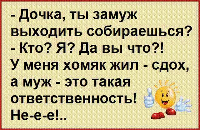 дочка ты замуж выходить собираешься Кто Я Да вы что У меня хомяк жил сдох а муж это такая х ответственность Не е е