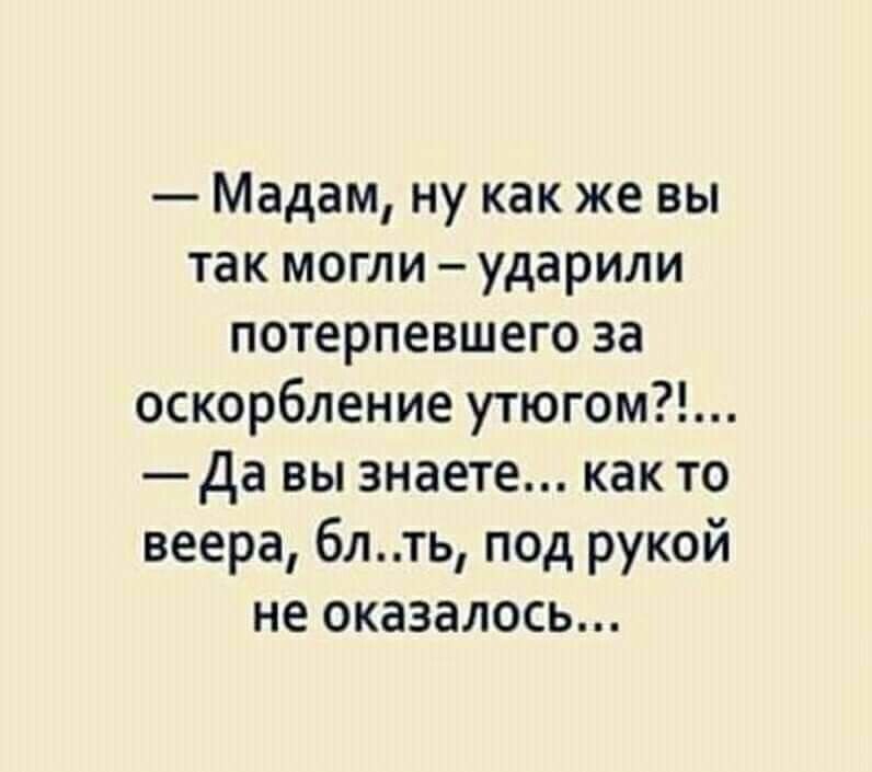 Мадам ну как же вы так могли ударили потерпевшего за оскорбление утюгом Да вы знаете как то веера блть под рукой не оказалось