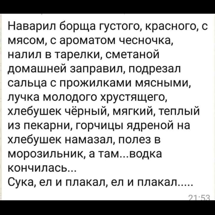 Наварил борща густого красного с мясом с ароматом чесночка налил в тарелки сметаной домашней заправил подрезал сальца с прожилками мясными пучка молодого хрустящего хлебушек чёрный мягкий теплый из пекарни горчицы ядреной на хлебушек намазал полез в морозильник а тамводка кончилась Сука ел и плакал ел и плакал