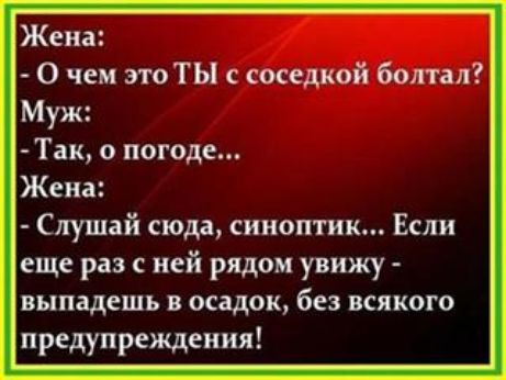 Жена О чем этоТЫ соседкой болтая Муж Так о погоде Жена Слушай сюда синоптик Если еще раз с ней рядом увижу выпадешь в осадок без всякого предупреждения