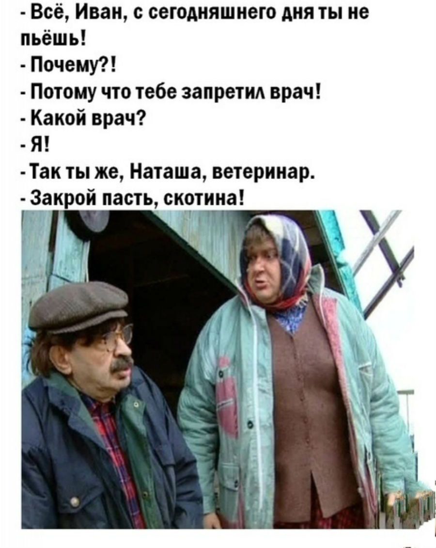Всё Иван с сегодняшнего дня ты не пьёшь Почему Потому что тебе запретид врач Какой врач Я Так ты же Наташа ветеринар Закрой пасть скотина гц