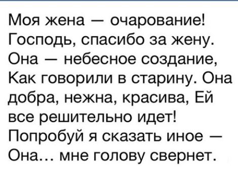 Моя жена очарование Господь спасибо за жену Она небесное создание Как говорили в старину Она добра нежна красива Ей все решительно идет Попробуй я сказать иное Она мне голову свернет