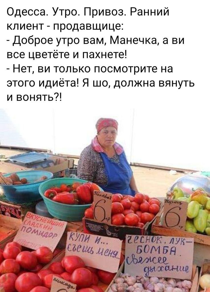 Одесса Утро Привоз Ранний клиент продавщице доброе утро вам Манечка а ви все цветёте и пахнете Нет ви только посмотрите на этого идиёта Я шо должна вянуть и вонять