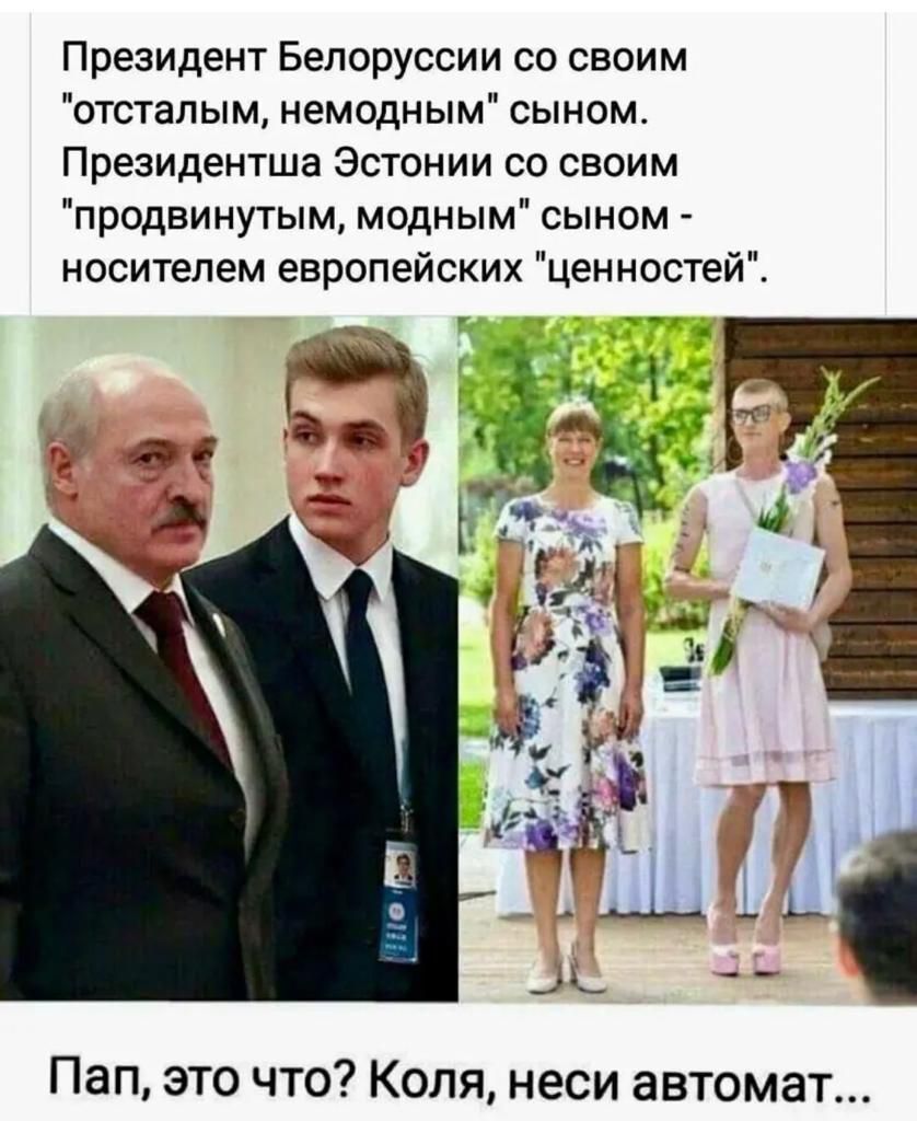 Президент Белоруссии со своим отсталым немодным сыном Президентша Эстонии со своим продвинутым модным сыном носителем европейских ценностей Пап это что Коля неси автомат