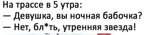 На трассе в 5 утра Девушка вы ночная бабочка Нет блть утренняя звезда