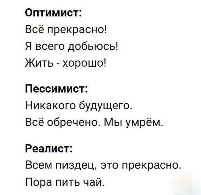 Оптимист Всё прекрасно Я всего добьюсь Жить хорошо Пессимист Никакого будущего Всё обречено Мы умрём Реалист Всем пиздец это прекрасно Пора пить чай