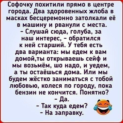 Софочку похитили прямо в центре города два здоровенных жлоба в масках бесцеремонно затолкали её в машину и рванули места Слушай сюда голуба за наш интерес обратился к ней старший У тебя есть два варианта мы едем к вам домойты открываешь сейф и мы возьмём шо надо и уедем а ты остаешься дома Или мы Будем жёстко заниматься с тобой любовью колеся по городу пока бензин не кончится Понятно Да Так куда е