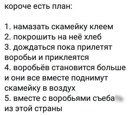 короче ЕСТЬ план 14 намазать скамейку клеем 2 покрошить на неё хлеб 3 дождаться пока прилетят воробьи и приклеятся 44 воробьёв становится больше и они все вместе поднимут скамейку в воздух 5 вместе с воробьями съеба из этой страны