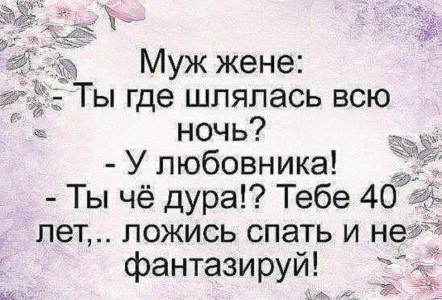 Муж жене Ты где шляпась всю ночь У любовника Ты чё дура Тебе 40 пет ложись спать и не фантазируй Ё