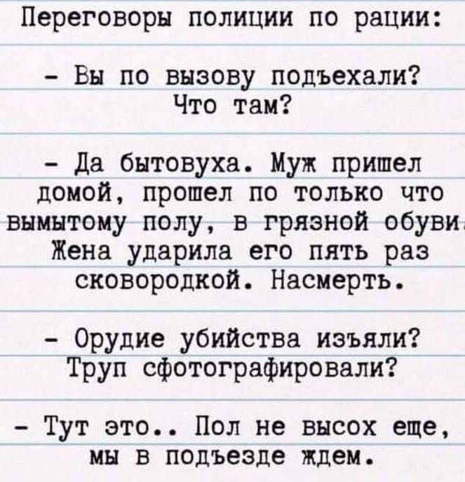 Переговоры полиции по рации Вы по вызову подъехали Что там да бытовуха Муж пришел домой прошел по только что внмнтому полу в грязной обуви Жена ударила его пять раз сковородкой Насмерть Орудие убийства изъяли Труп сфотографировали Тут это Пол не высох еще мы в подъезде ждем