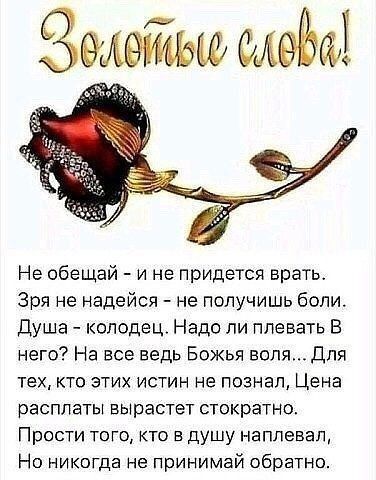 Не обещай и не придется врать Зря не надейся не получишь боли Душа колодец Надо ли плевать В него На все ведь Божья воляДля тех кто етих истин не познал Цена расплаты вырастет стократно Прости того кто в душу наплевал Но никогда не принимай обратно