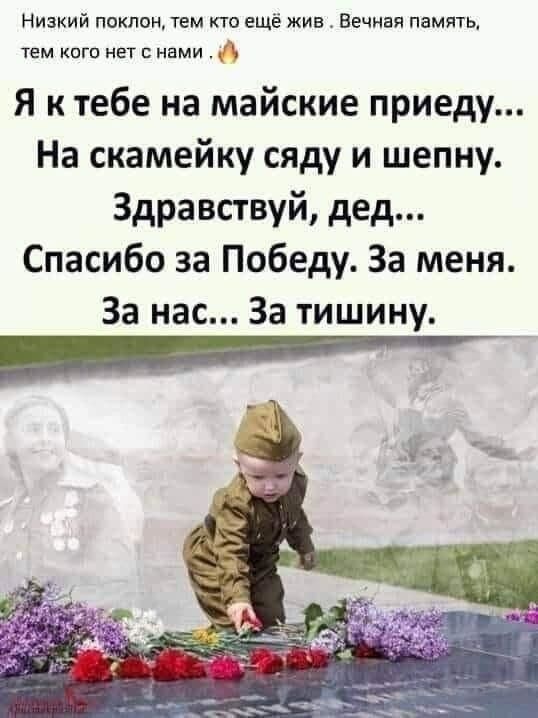 Низкий поклон тем Кто ещё жив Вечная память тем кого нет с нами Я к тебе на майские приеду На скамейку сяду и шепну Здравствуй дед Спасибо за Победу За меня За нас За тишину