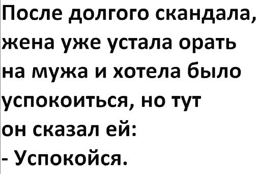 После долгого скандала жена уже устала орать на мужа и хотела было успокоиться но тут он сказал ей Успокойся