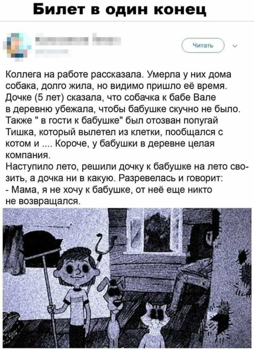 Билет в один конец Коллега на работе рассказала Умерла у них дома собака долго жила но видимо пришло её время Дочке 5 лет сказала что собачка к бабе Вале в деревню убежала чтобы бабушке скучно не было Также в гости к бабушке был отозван попугай Тишка который вылетел из клетки пообщался с котом и Короче у бабушки в деревне целая компания Наступило пето решили дочку к бабушке на лето сво зить а дочк