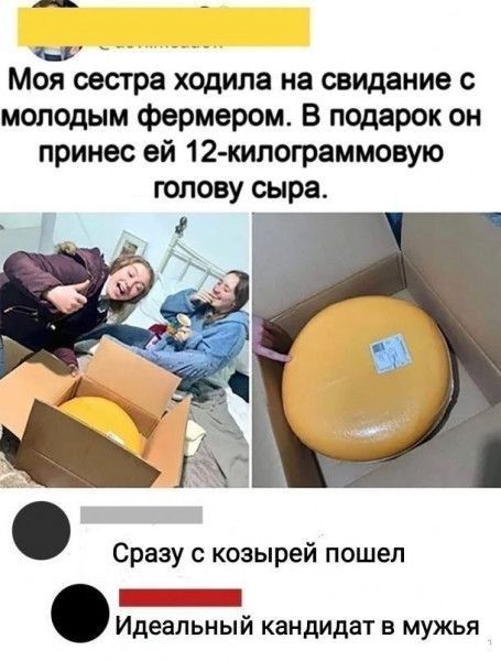 Моя сестра ходила на свидание с молодым фермером В подарок сн принес ей 12 кипограммовую юпову сыра Сразу козырей пошел Идеальный кандидат в мужья