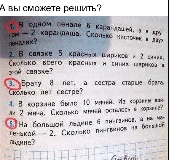 А вы сможете решить дашей в пэт кисточек в диух _ аРиков и 2 синих сего красных и синих шариков в этой связке Брату 8 лет а сестра старше брата колько лет сестре В корзине было 10 мячей Из корзины аз дИ 2 мяча Сколько мячей осталось в корзине ма На большой льдине 6 пиигвиьюа абдаьшой лёніткой _ 2 Скопько пингвинов дЬдине О Ёрт