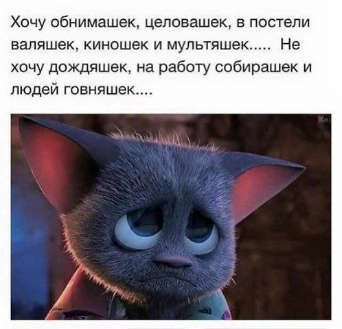 Хочу обнимашек целовашек в постели валяшек киношек и мультяшек Не хочу дождяшек на работу собирашек и людей говняшек