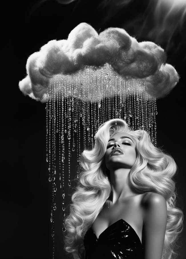 Черно-белый арт-фотоснимок женщины под дождём из стеклянных капель.