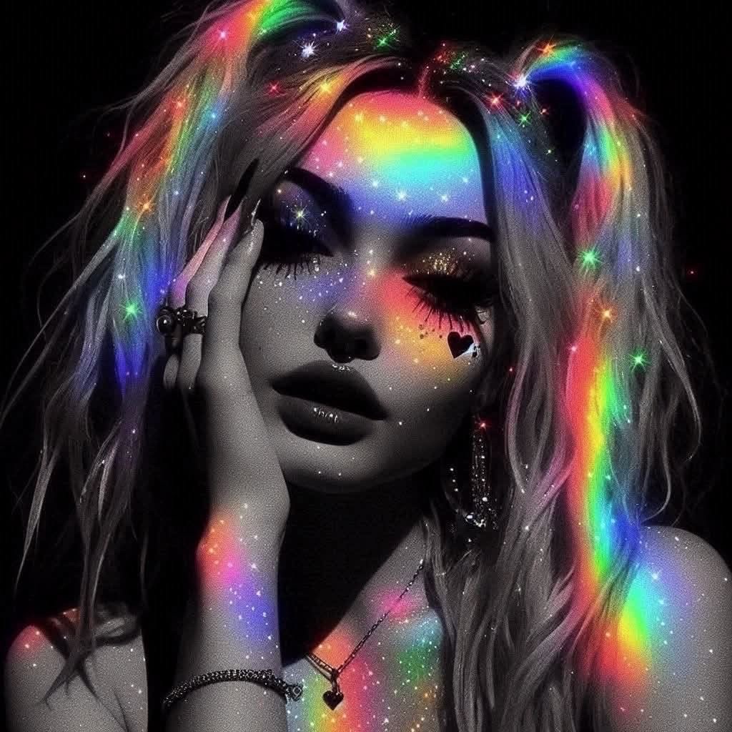 Девушка с неоновой радужной подсветкой лица и волос, арт-образ