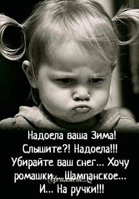 Надоела ваша Зима! Слышите?! Надоела!!! Убирайте ваш снег... Хоть ромашковое... шампанское... И... На ручки!!!