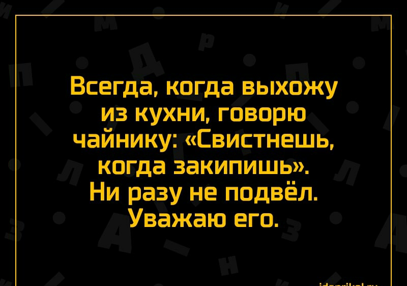 Всегда когда выхожу из кухни говорю чайнику Свистнешь когда закипишь Ни разу не подвёл Уважаю его