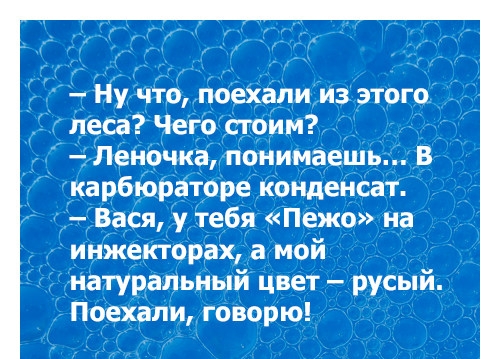 Ну что поехали из этого леса Чего стоим Леночка понимаешь В карбюраторе конденсат Вася у тебя Пежо на инжекторах а мой натуральный цвет русый Поехали говорю