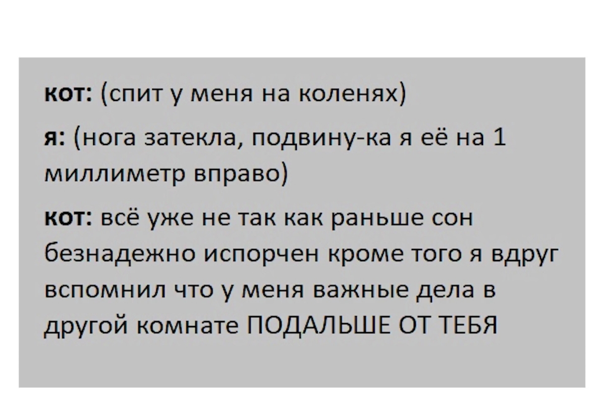 кот спит у меня на коленях я нога затекла подвинука я её на 1 миллиметр вправо кот всё уже не так как раньше сон безнадежно испорчен кроме того я вдруг вспомнил что у меня важные дела в другой комнате ПОДАЛ ЬШЕ ОТ ТЕБЯ