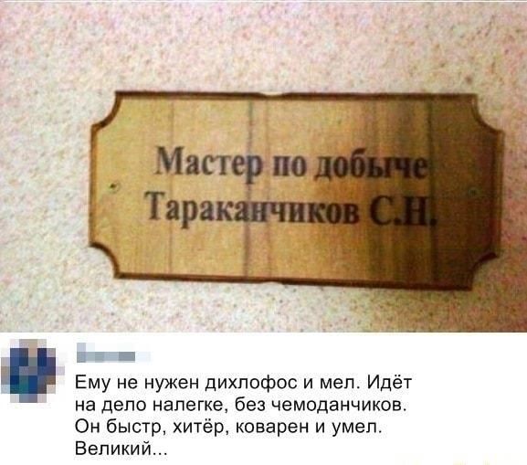 1 _ Ему не нужен дихпофос и меп Идёт на дело налегке без чемоданчиков Он быстр хитёр коварен и умел Великий