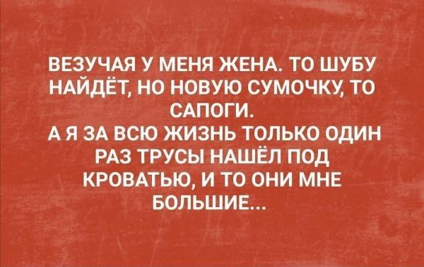 ВЕЗУЧАЯ У МЕНЯ ЖЕНА ТО ШУБУ НАЙДЁТ НО НОВУЮ СУМОЧКУ ТО САПОГИ А Я ЗА ВСЮ ЖИЗНЬ ТОЛЬКО ОДИН РАЗ ТРУСЫ НАШЁЛ ПОД КРОВАТЬЮ И ТО ОНИ МНЕ БОЛЬШИЕ