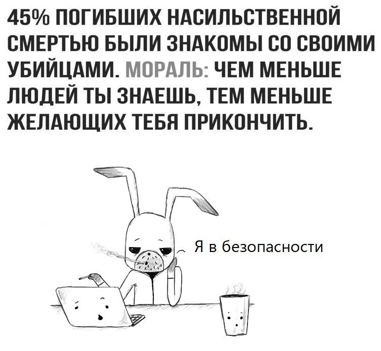 45 ПОГИБШИХ НАСИЛЬСТВЕННПИ СМЕРТЬЮ БЫЛИ ЗНАКОМЫ СП СВОИМИ УБИИЦАМИ МОРАЛЬ ЧЕМ МЕНЬШЕ ЛЮДЕЙ ТЫ ЗНАЕШЬ ТЕМ МЕНЬШЕ ЖЕЛАЮЩИХ ТЕБЯ ПРИКОНЧИТЬ _9 Я в безопасности Ё