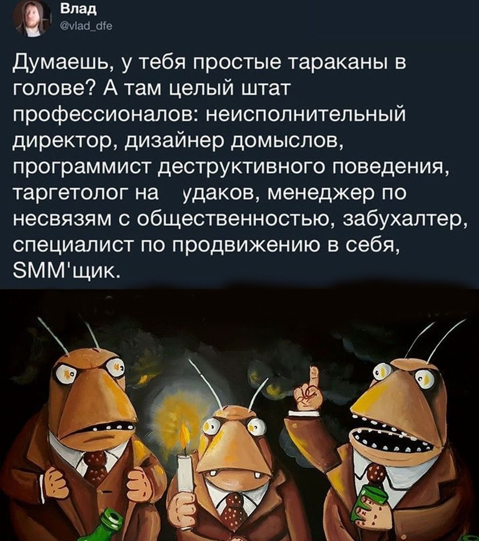 Влад чіаб Ще Думаешь у тебя простые тараканы в голове А там целый штат профессионалов неисполнительный директор дизайнер домыслов программист деструктивного поведения таргетолог на удаков менеджер по несвязям с общественностью забухалтер специалист по продвижению в себя ЗММщик