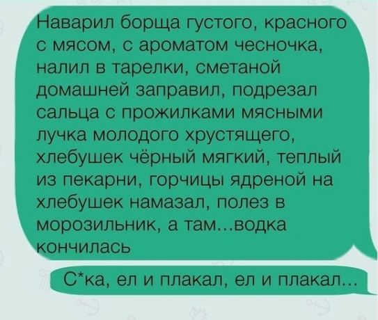 аварил борща густого красного с мясом с ароматом чесночка налил в тарелки сметаной домашней заправил подрезал сельца с прожилками мясными пучка молодого хрустящего хлебушек чёрный мягкий теплый из пекарни горчицы ядреной на хлебушек намазал полез в морозильник тамводка ончилась Ска ел и плакал ел и плакал