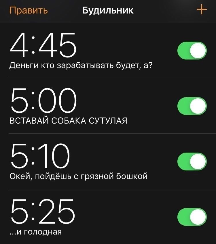 Править Будильник 445 Деньги кто зарабатывать будет а 5300 ВСТАВАЙ СОБАКА СУТУЛАЯ 5310 Окей пойдёшь грязной бошкой 5325 И ГОПОДНЭЯ