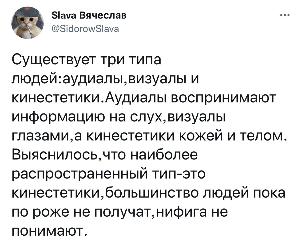 ача Вячеслав ЗШОГОЩЗЮУЭ Существует три типа людейаудиалывизуалы и кинестетикиАудиалы воспринимают информацию на слухвизуалы глазамиа кинестетики кожей и телом Выяснилосьчто наиболее распространенный типэто кинестетикибольшинство людей пока по роже не получатнифига не понимают