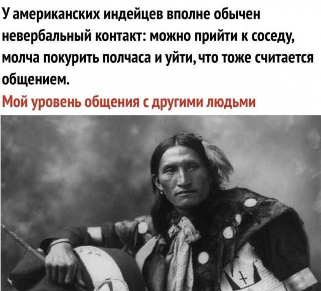 У американских индейцев вполне обычен невербальный контакт можно прийти к соседу молча покурить полчаса и уйтичто тоже считается общением Мой уровень общения с другими людьми