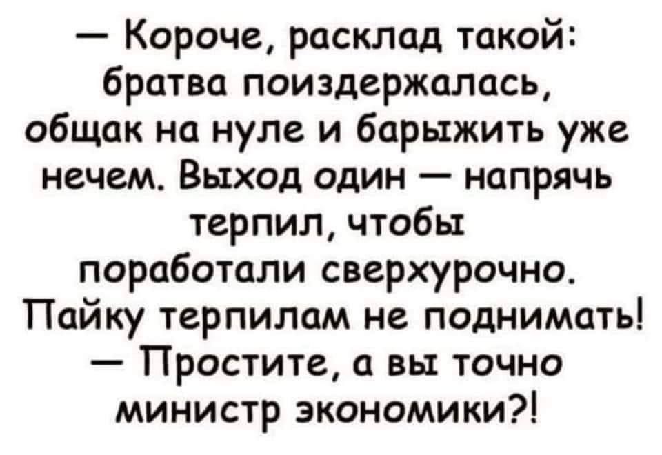 Короче расклад такой братва поиздержалась общак на нуле и барыжить уже нечем Выход один напрячь терпил чтобы поработали сверхурочно Пайку терпилам не поднимать Простите а вы точно министр экономики