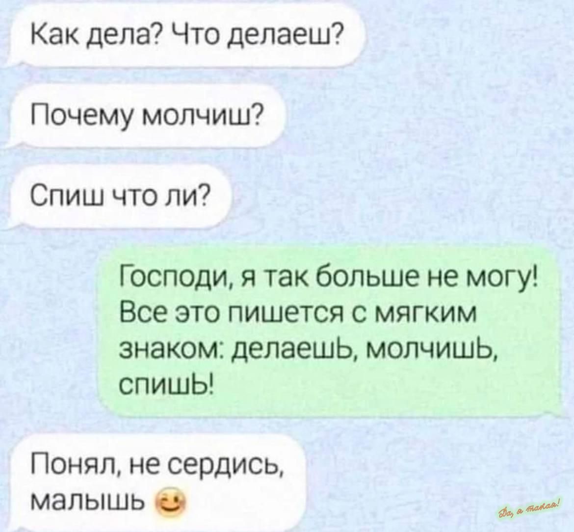 Как дела Что делаеш Почему мопчиш Спиш что ли Господи я так больше не могу Все это пишется с мягким знаком делаешь молчишь спишы Понял не сердись малышь _