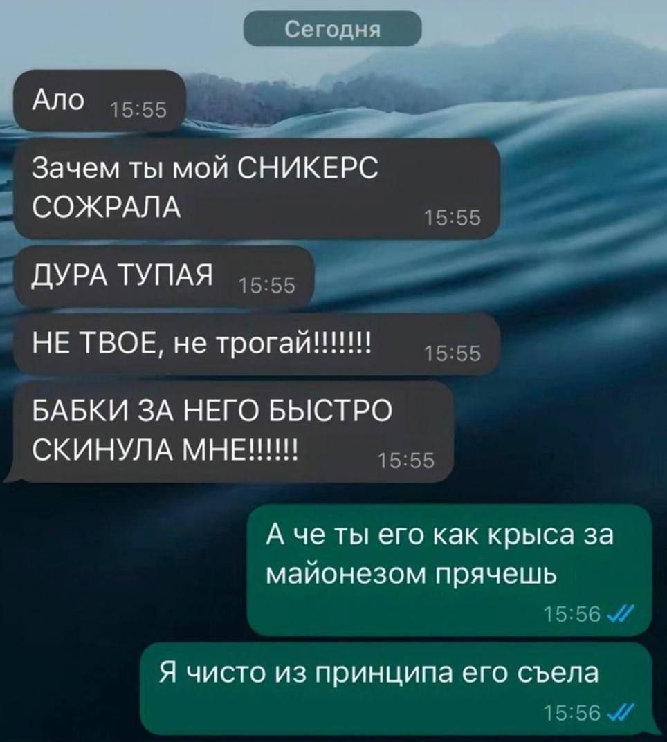 Зачем ты мой СНИКЕРС СОЖРАЛА у дУРАТУПАЯ _т НЕ твое не трогай 1555 вдвки ЗА него БЫСТРО СКИНУПА МНЕ 1555 А че ТЫ его КВК крыса за МЗЙОНЭЗОМ прячешь 1556 Л Я ЧИСТО ИЗ принципа ЕГО съела 556