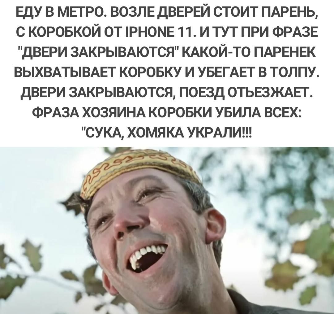 ЕДУ В МЕТР0 ВОЗЛЕ дВЕРЕЙ СТОИТ ПАРЕНЬ С КОРОБКОЙ ОТ РН0МЕ 11 И ТУТ ПРИ ФРАЗЕ дВЕРИ ЗАКРЫВАЮТСЯ КАКОЙ ТО ПАРЕНЕК ВЫХВАТЫВАЕГ КОРОБКУ И УБЕГАЕТ В ТОППУ дВЕРИ ЗАКРЫВАЮТСЯ ПОЕЗД ОТЬЕЧЖАЕГ ФРАЗА ХОЗЯИНА КОРОБКИ УБИЛА ВСЕХ СУКА ХОМЯКА УКРАЛИ