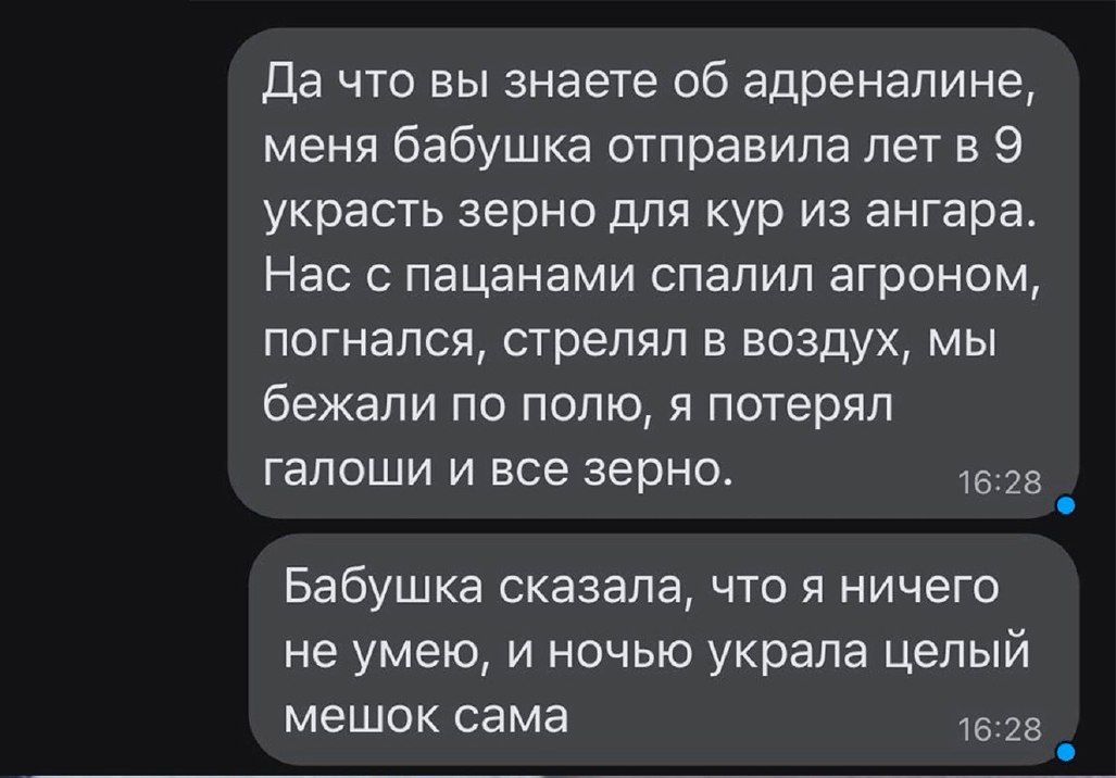 да что вы знаете об адреналине меня бабушка отправила лет в 9 украсть зерно для кур из ангара Нас с пацанами спалил агроном погнался стрелял в воздух мы бежали по полю я потерял галоши и все зерно в 25 Бабушка сказала что я ничего не умею и ночью украла целый мешок сама 16 23