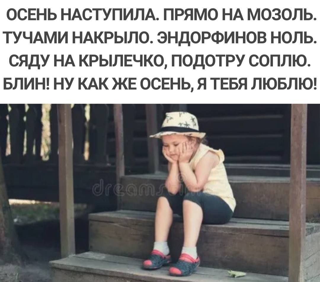 ОСЕНЬ НАСТУПИЛА ПРЯМО НА МОЗОЛЬ ТУЧАМИ НАКРЫЛО ЭНДОРФИНОВ НОЛЬ СЯДУ НА КРЫЛЕЧКО ПОДОТРУ СОППЮ БЛИН НУ КАК ЖЕ ОСЕНЬ Я ТЕБЯ ЛЮБЛЮ