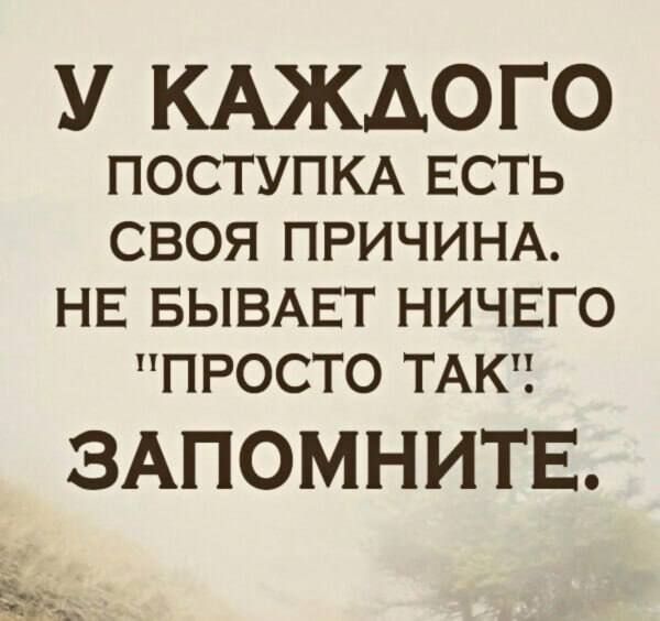 У КАЖДОГО ПОСТУПКА ЕСТЬ СВОЯ ПРИЧИНА НЕ БЫВАЕТ НИЧЕГО ПРОСТО ТАК ЗАПОМНИТЕ ь