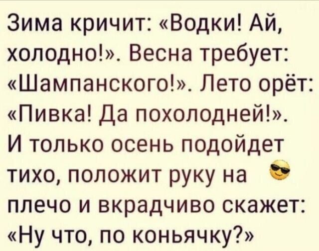 Зима кричит Водки Ай холодно Весна требует Шампанского Лето орёт Пивка Да похолодней И только осень подойдет тихо положит руку на Ё плечо и вкрадчиво скажет Ну что по коньячку