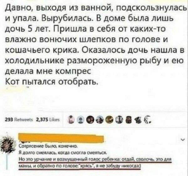 давно выходя из ванной подскользнулась и упала Вырубилась В доме была лишь дочь 5 лет Пришла в себя от каких та влажно вонючих шлепков по голове и кошачьего крика Оказалось дочь нашла в холодильнике размороженную рыбу и ею делала мне компрес Кот прятался отобрать