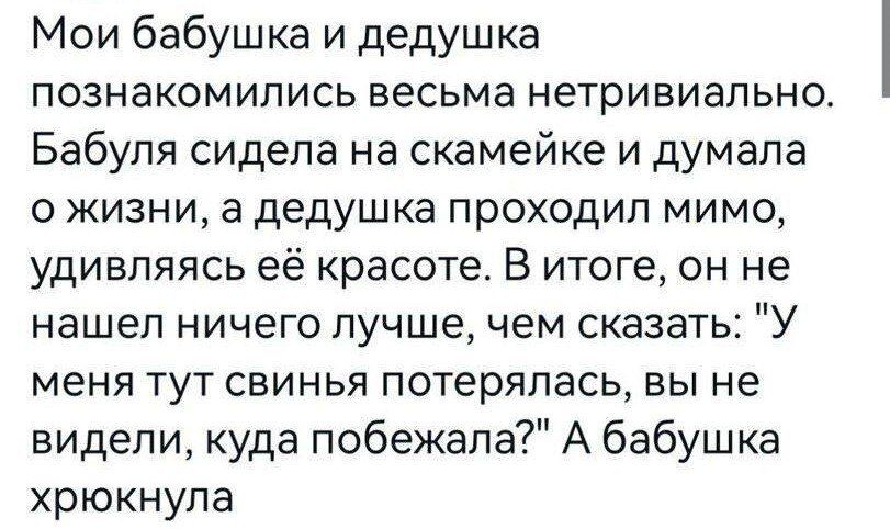 Мои бабушка и дедушка познакомились весьма нетривиально Бабуля сидела на скамейке и думала о жизни а дедушка проходил мимо удивляясь её красоте В итоге он не нашел ничего лучше чем сказать У меня тут свинья потерялась вы не видели куда побежала А бабушка хрюкнупа