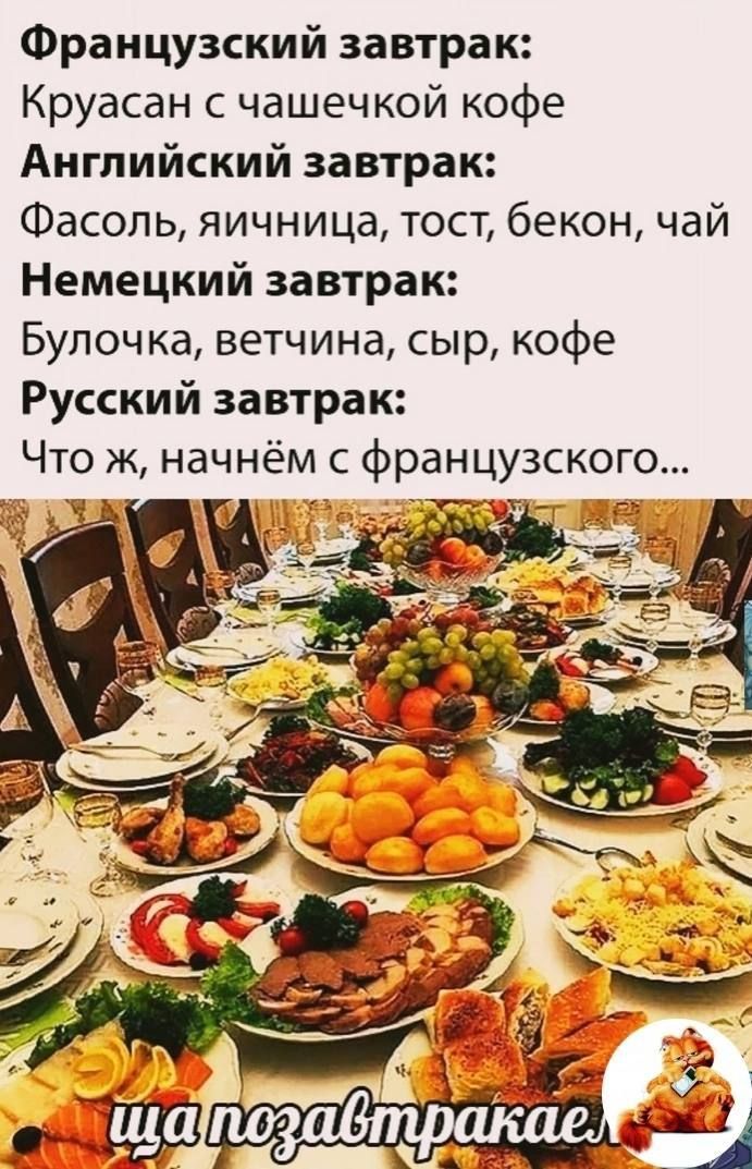 Французский завтрак Круасан с чашечкой кофе Английский завтрак Фасоль яичница тост бекон чай Немецкий завтрак Булочка ветчина сыр кофе Русский завтрак